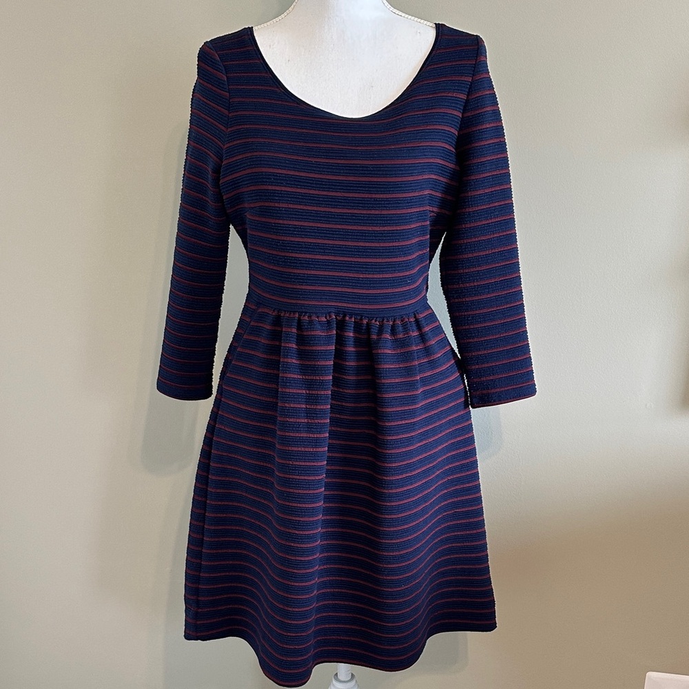 Maeve Navy and Burgundy Striped Long-Sleeve Fit-and-Flare Dress